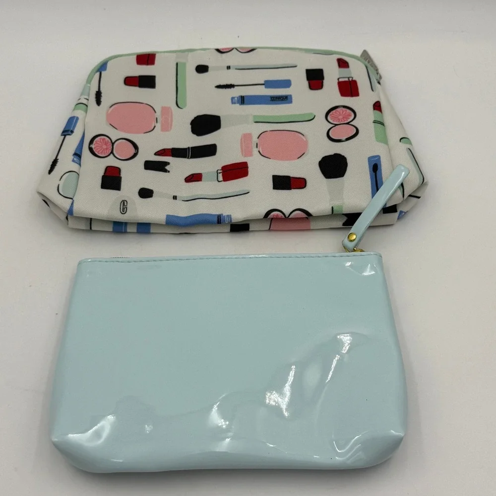 Kate Spade x Clinique Makeup Bag Set Blue Patent & Cosmetic Print 2 Piece Pouch
